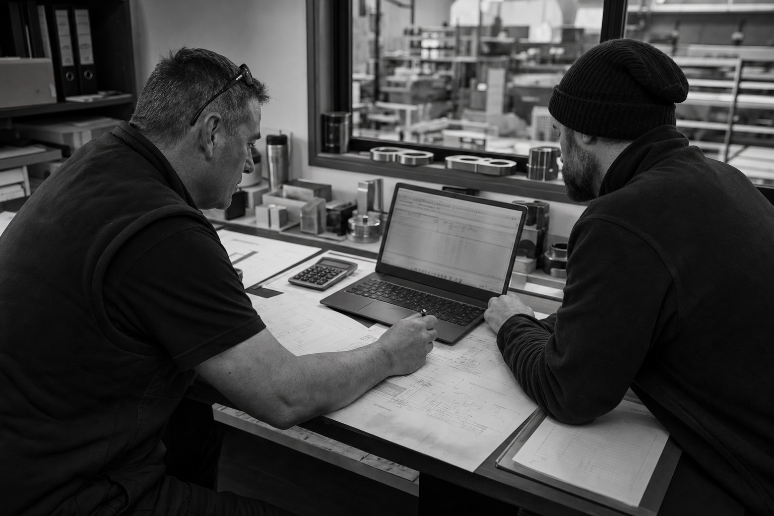Two industrial employees checking a customer quote against printed specifications and a laptop beside a workshop