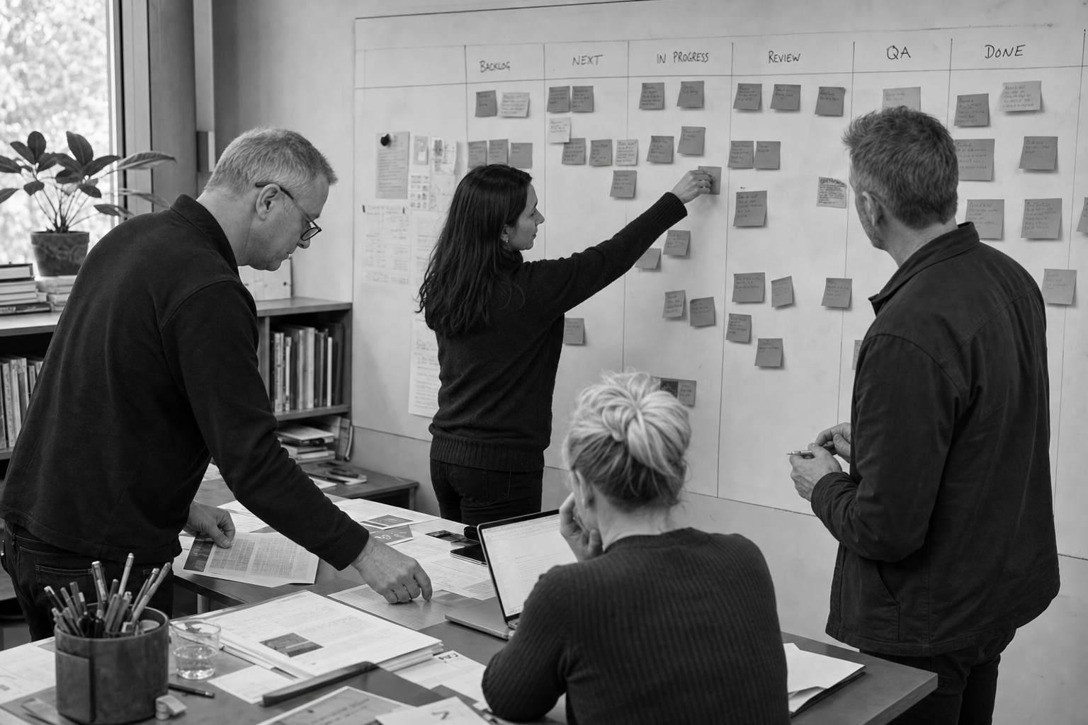 Four creative and project team members coordinating live work around a physical Kanban board