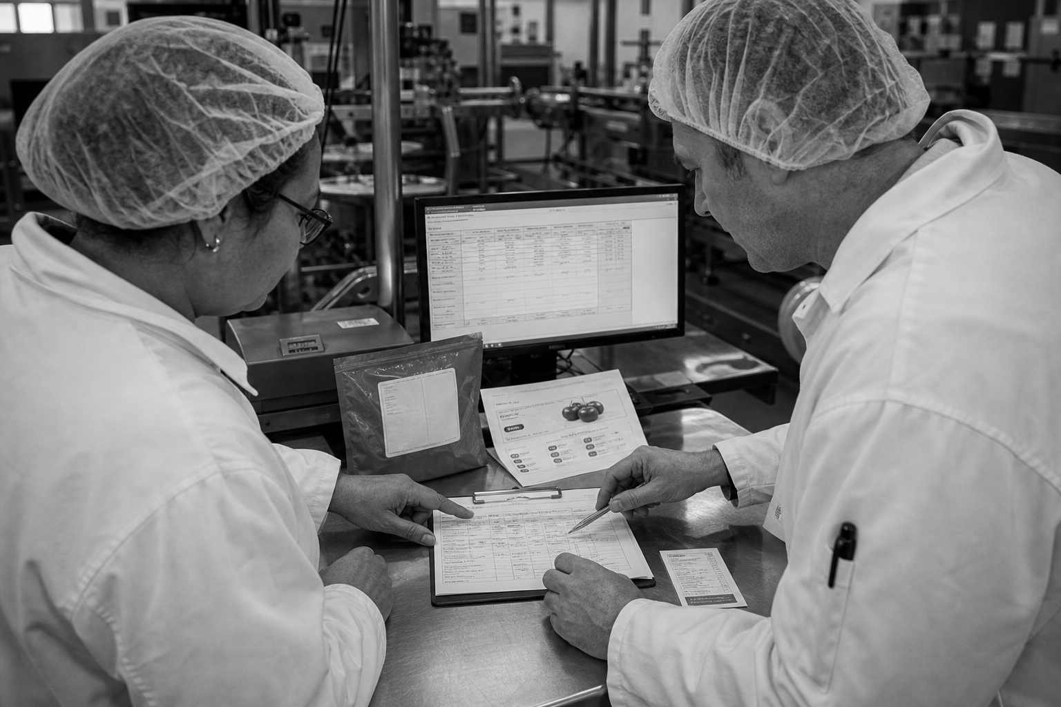 Two production employees reviewing exception data beside industrial equipment